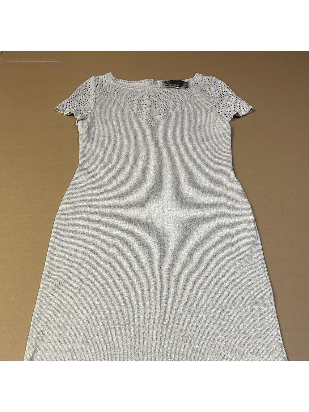 St. John Knit Sheath Dress Silver Shimmer Wool-Blend Knee Length US 6